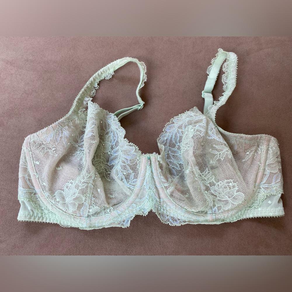 VS Unlined Demi 34DD green and iridescent blue bra